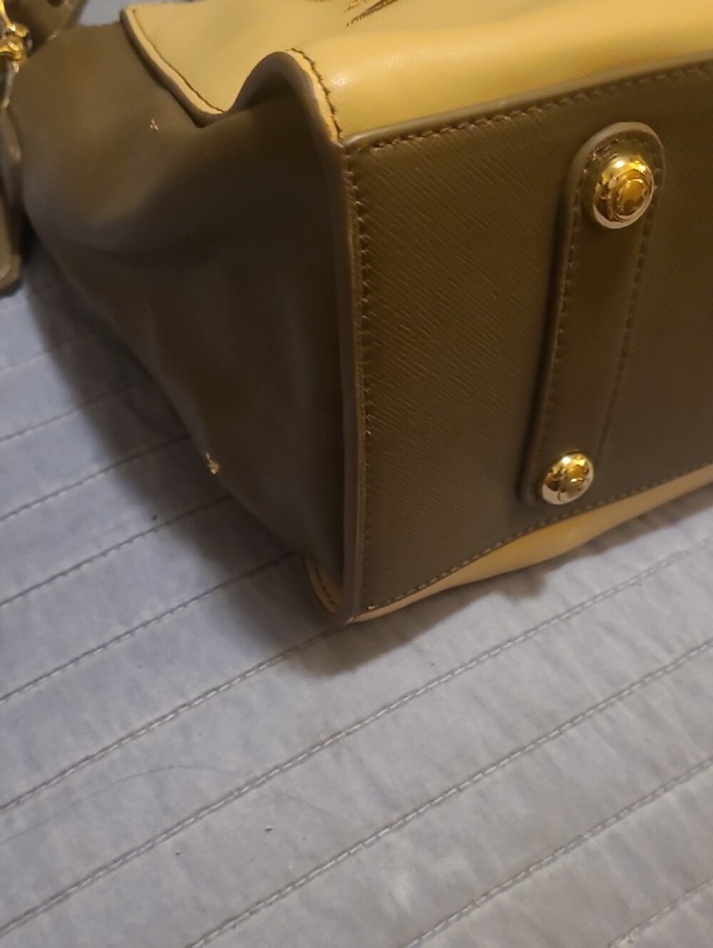Sharif Taupe and Cream Embroidered Satchel with Gold Accents Callout In Photos - Picture 5 of 15